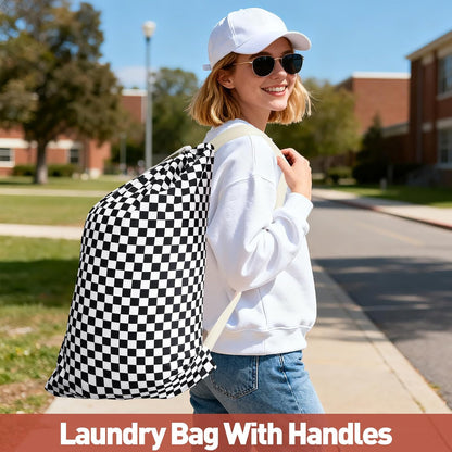 Laundry Bag, Dirty Backpack Laundry Bag For College Travel Laundromat Apartment, With Handles 29" X 18" (Black White Checkered)