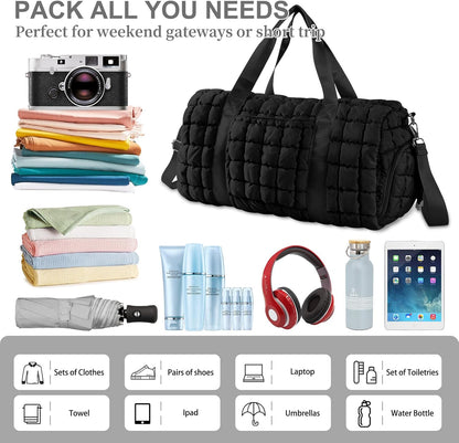 Quilted Travel Duffle Bag Gym Bag for Women,Large Puffer Duffle Weekender Bag with Compartment,Workout Overnight Carry on Organizer Bag Duffle Bag for Airplane Travel(Black)