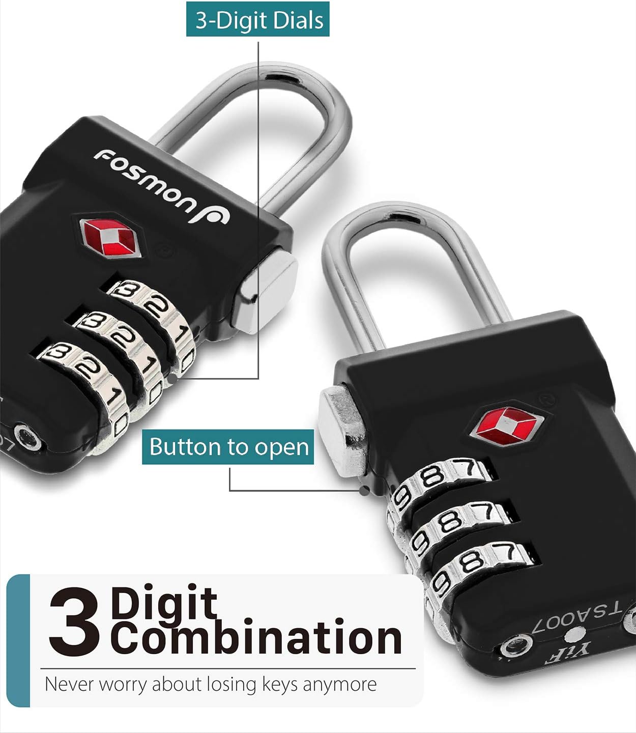 Fosmon TSA Approved Luggage Locks, Suitcase Travel Lock with Push Release Button for Extra Security, 3 Digit Combination Padlock for Gun Case Backpack Zipper Anti Theft Gym Locker - Black, 2 Pack