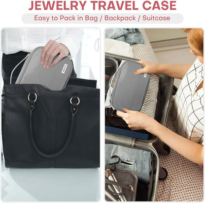 Jewelry Travel Case Organizer for Necklaces, Earrings, Rings, Bracelet, Watch, Soft Sided, Grey