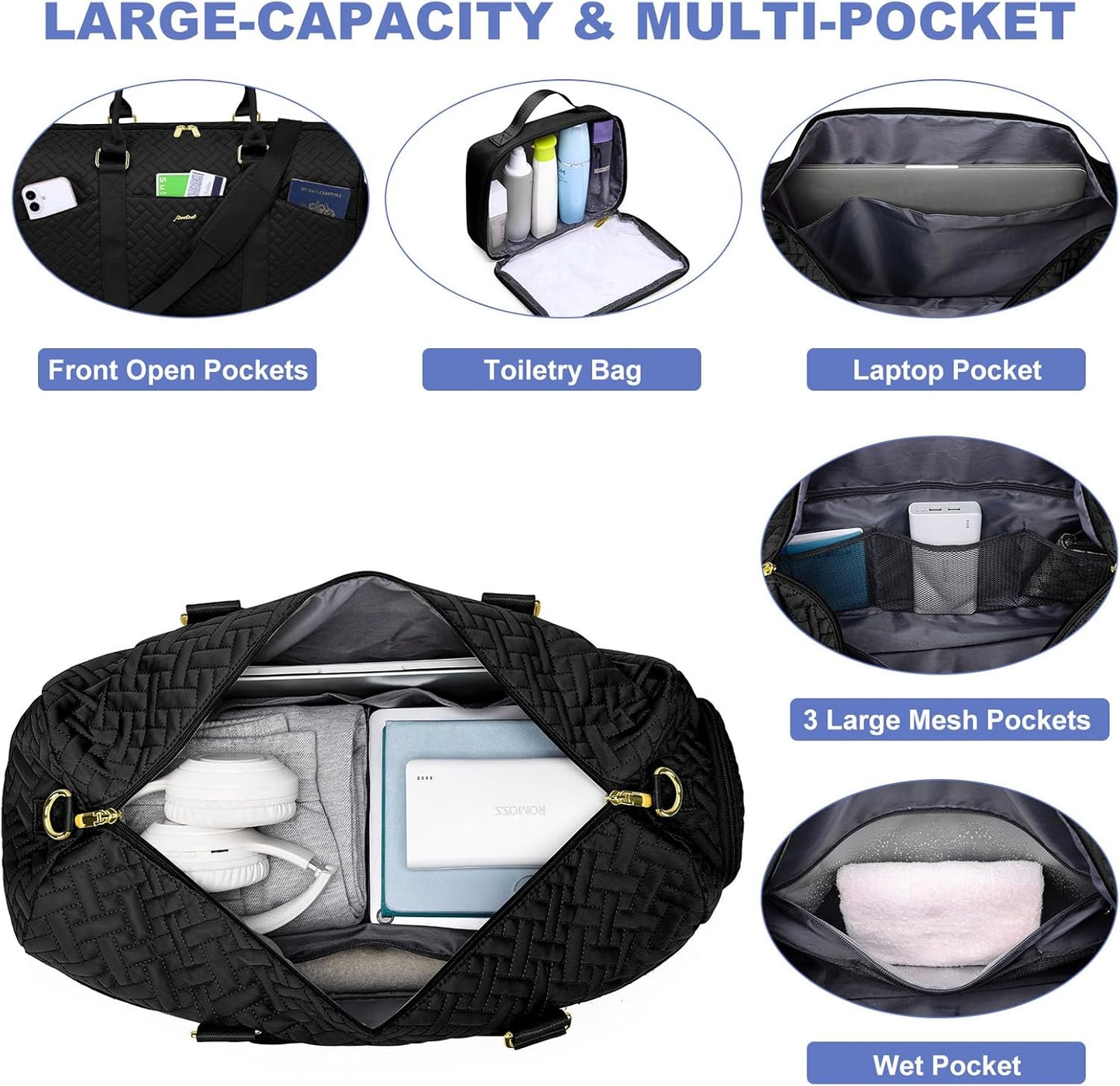 Women Duffle Weekender Travel Bag: Large Duffel Bags with Shoe Compartment Carry On Overnight Tote Bag with Wet Pocket Toiletry Bag Traveling Weekend Gym Yoga Hospital Bags for Labor & Delivery Black