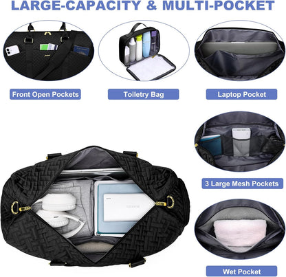 Women Duffle Weekender Travel Bag: Large Duffel Bags with Shoe Compartment Carry On Overnight Tote Bag with Wet Pocket Toiletry Bag Traveling Weekend Gym Yoga Hospital Bags for Labor & Delivery Black