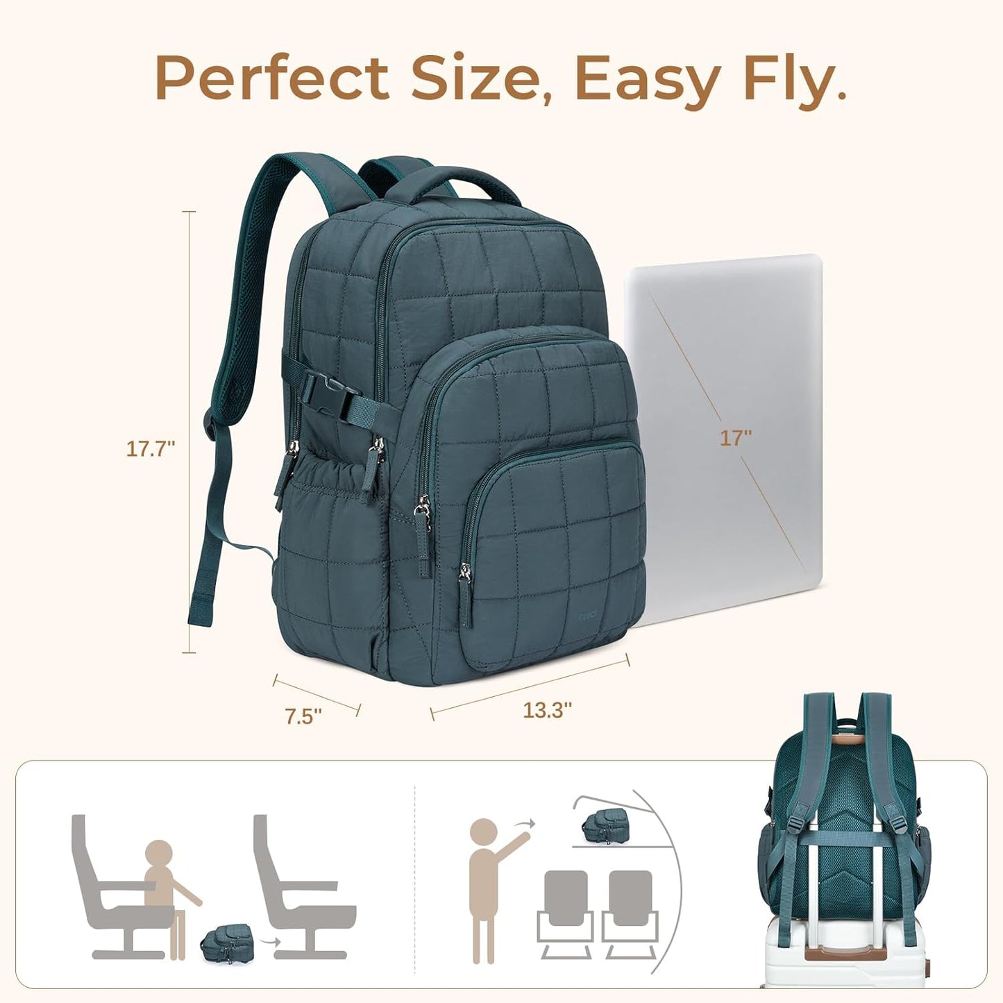 CLUCI 17.3 Inch Laptop Backpack for Women, Anti Theft Travel Backpack, Puffer Quilted Work Backpack, Water Resistant College Bookbag, Carry on backpack with RFID(Green)