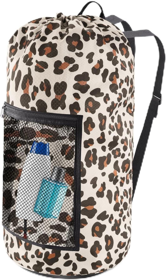 Laundry Bag Backpack, Extra Large Travel Laundry Bag with Mesh Pocket & Adjustable Shoulder Straps,Dirty Clothes Travel Bag for College Students Dorm,Apartment(Leopard Print)