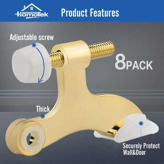 HOMOTEK 8 Pack Hinge Pin Bright Brass Door Stopper, Gold Door Stops, Adjustable Deluxe Heavy Duty Door Stopper 2-1/2"x1-3/4”,with White Rubber Bumper Tips
