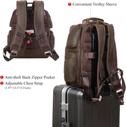 TIDING Vintage Full Grain Leather 16 Inch Laptop Backpack for Men Multi Pockets Travel Rucksack Weekend Business Daypack_Large