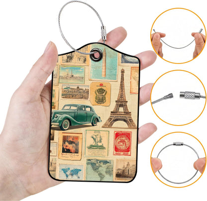 Luggage Tags for Suitcases, 2-Pack PU Leather for Cruise & Travel, Baggage ID Tags with Privacy Cover & Address Card, Durable Metal Ring, Kids Adults Travel Accessories, Vintage Travelogue