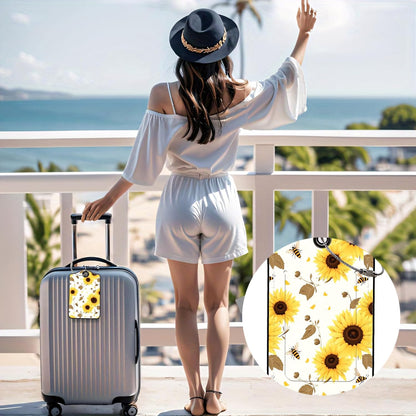 Luggage Tags for Suitcases, 2-Pack PU Leather for Cruise & Travel, Baggage ID Tags with Privacy Cover & Address Card, Durable Metal Ring, Kids Adults Travel Accessories, Sunflower Buzz