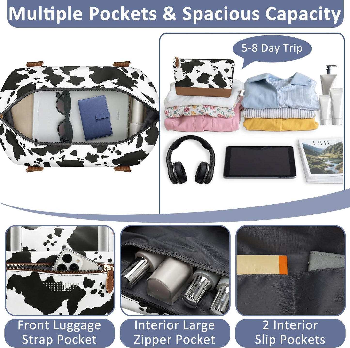 Travel Duffle Bag for Women, Weekender Bags, Hospital Bag for Labor Delivery, Lightweight Tote Duffel Overnight Bag with Luggage Sleeve, Airplane Travel Bags with Toiletry Bag, X-Large, Cow