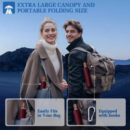 3T Wind Armor Travel Umbrella Compact Easy Auto Open Close Folding Umbrellas for Rain Windproof Umbrella for Women and Men Durable Real Wood Handle Portable Fits Backpack Car