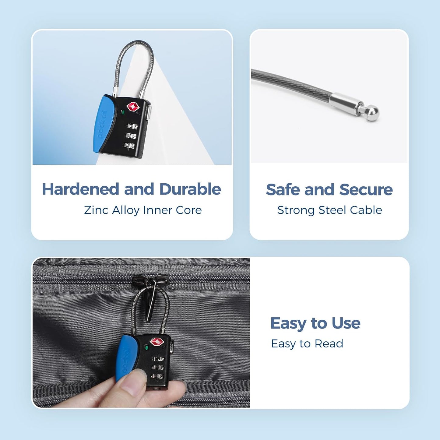 pack all TSA Approved Cable Luggage Locks, 3 Digit Combination Padlocks, Travel Lock for Suitcases & Bag, Alloy Body, Travel Accessories (1 Pack)（Navy）