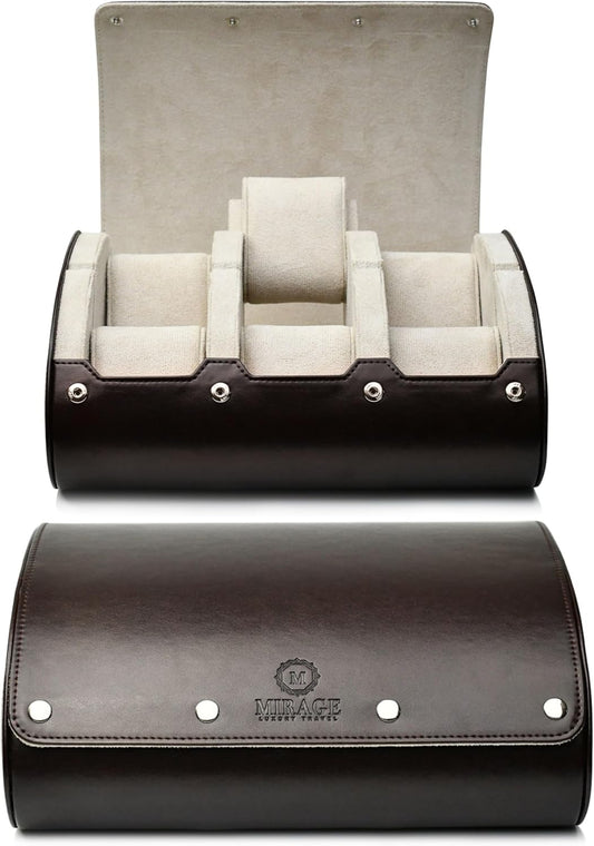 6 Watch Case Bbox for Travel Watch Roll for Men Watch display organizer - Espresso Brown & Ivory White Interior