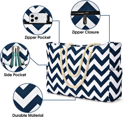 Becokan Beach Bag Large Beach Tote Bag for Women Waterproof Sandproof Swim Pool Bag With Zipper