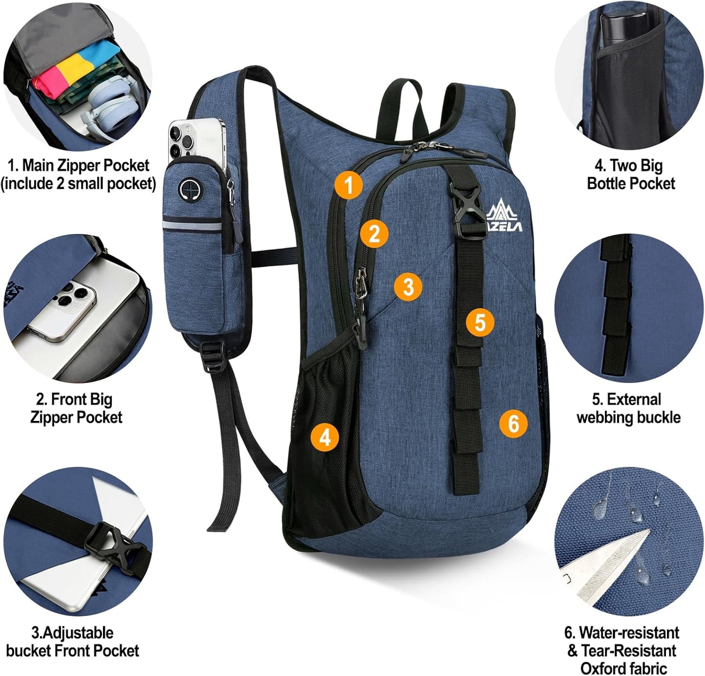 Seektop 15L Small Hiking Backpack for Women Men, Lightweight Hiking Packable Daypack with Phone Pocket for Travel Camping (Dark Blue)