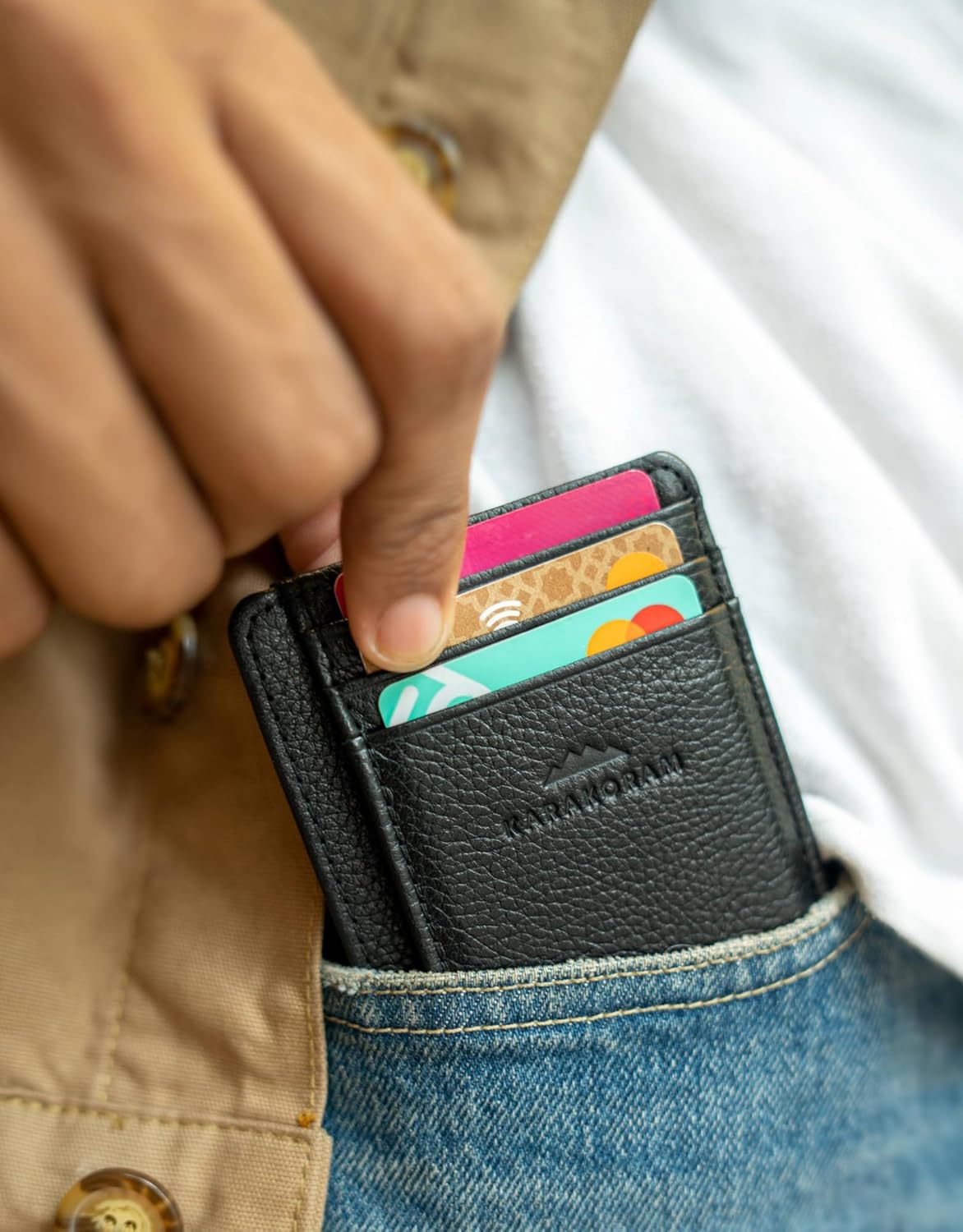 KARAKORAM Vertical Handcrafted Premium Leather Front Pocket Credit Card Holder with RIFD Protection | Artisan Made Slim Leather Wallet | Finger Glide Slots for Cards and ID (Jet Black)