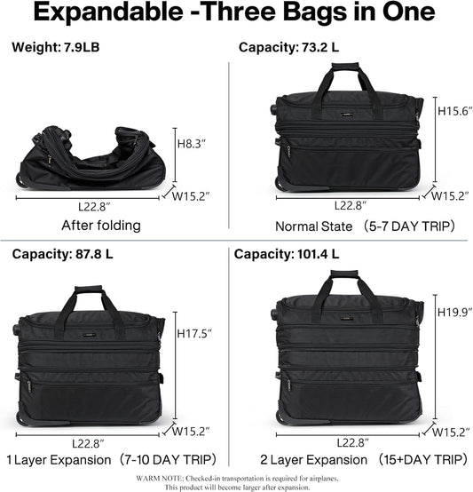 Hanke Large Expandable checked Luggage Suitcases with Wheels Foldable Duffle Bag for Travel suitcase for Women Men Garment Bag（Black）