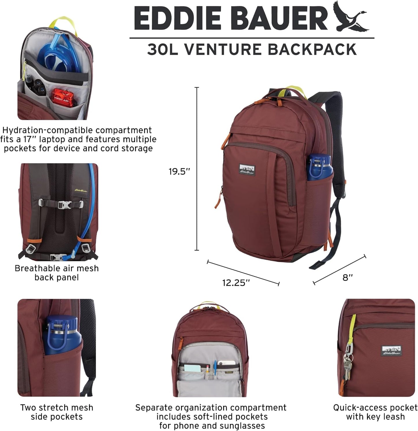 Eddie Bauer 30L Venture Backpack, Hydration and Laptop Compatible Daypack, Redwood