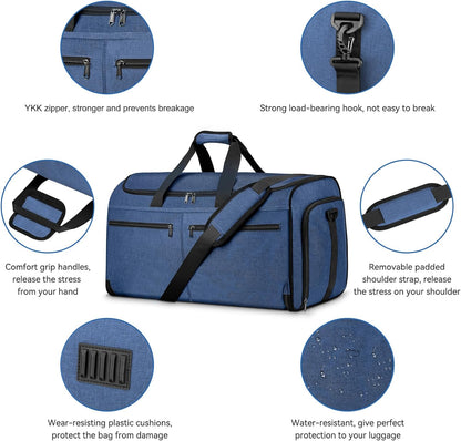 Large Garment Bag for Travel, Bukere Convertible Suit Travel Garment Duffel Bag for Men Women Business, Shoe Compartment, Detachable Shoulder Strap, Multi-Function 2 in 1 Weekender Bag, Blue