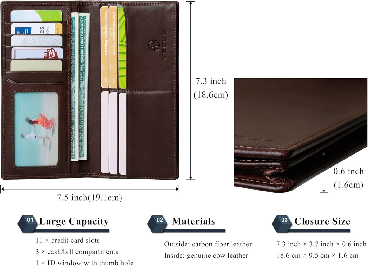 VISOUL Mens Leather Long Checkbook Bifold Wallets with RFID Blocking, Breast Pocket Tall Billfold Secretary Wallet for Men with Card Slots (Coffee)