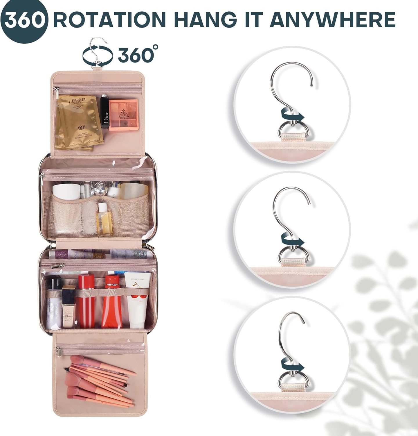 Hanging Toiletry Bag for Women Travel, 2 Sizes Large & Small Waterproof Cosmetic Organizer with 4 Compartments, Rotating Hook, Foldable Pink Travel Bag for Toiletries & Makeup, Large Lake Blue