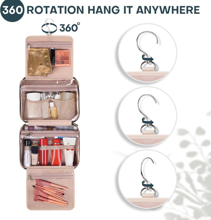 Hanging Toiletry Bag for Women Travel, 2 Sizes Large & Small Waterproof Cosmetic Organizer with 4 Compartments, Rotating Hook, Foldable Pink Travel Bag for Toiletries & Makeup, Large Lake Blue