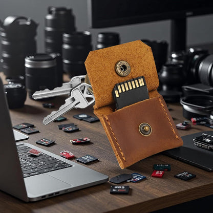 Jack&Chris Genuine Leather SD Card Holder Keychain, Anti-Shock Anti-Dust SD Card Case, Portable Camera Accessories for SD CF CFexpress Micro SD Nano SIM and Micro SIM Cards, Dark Brown 2 Packs