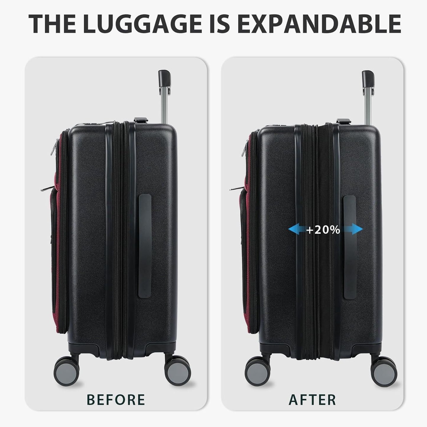 KROSER Hardside Expandable Carry On Luggage 22x14x9 Airline Approved With Front Business Pockets, 20 Inch Suitcases with Wheels, Carry on Suitcase with TSA Lock & USB Port, Black-Dark Red