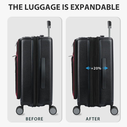 KROSER Hardside Expandable Carry On Luggage 22x14x9 Airline Approved With Front Business Pockets, 20 Inch Suitcases with Wheels, Carry on Suitcase with TSA Lock & USB Port, Black-Dark Red