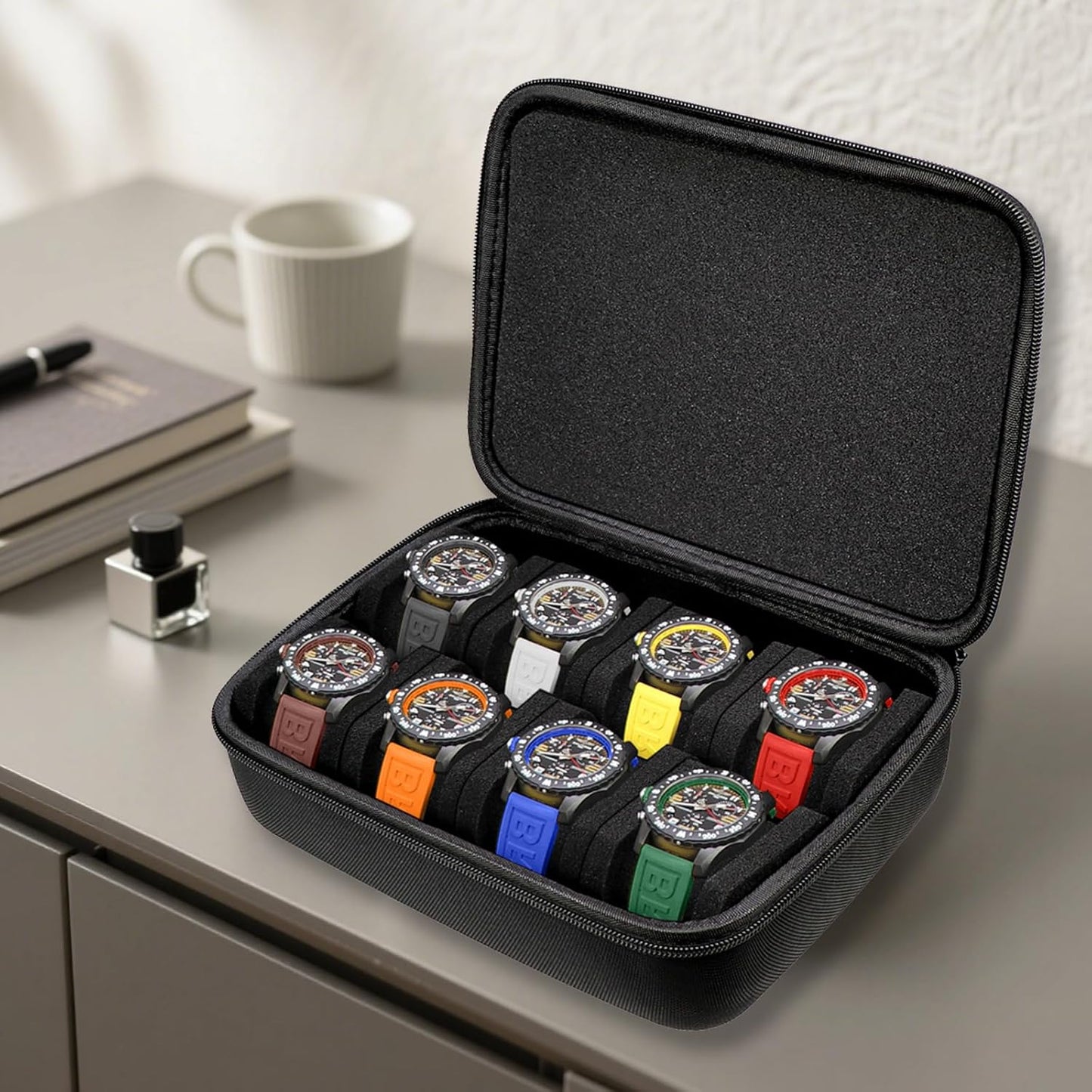 Juntan 8 Slots Hard Watch Travel Case, Portable Nylon Zipper Storage Organizer Box for Men Women with Soft Compressible Foam Pillow Black