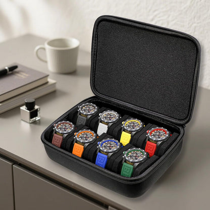 Juntan 8 Slots Hard Watch Travel Case, Portable Nylon Zipper Storage Organizer Box for Men Women with Soft Compressible Foam Pillow Black