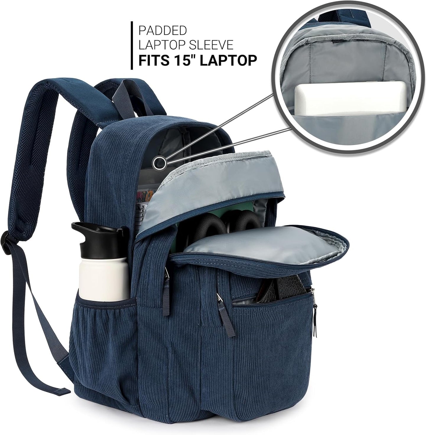 ZORFIN 26L Backpack for College, and Travel: Corduroy Bookbag - Midnight Blue