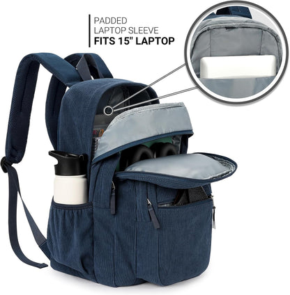 ZORFIN 26L Backpack for College, and Travel: Corduroy Bookbag - Midnight Blue