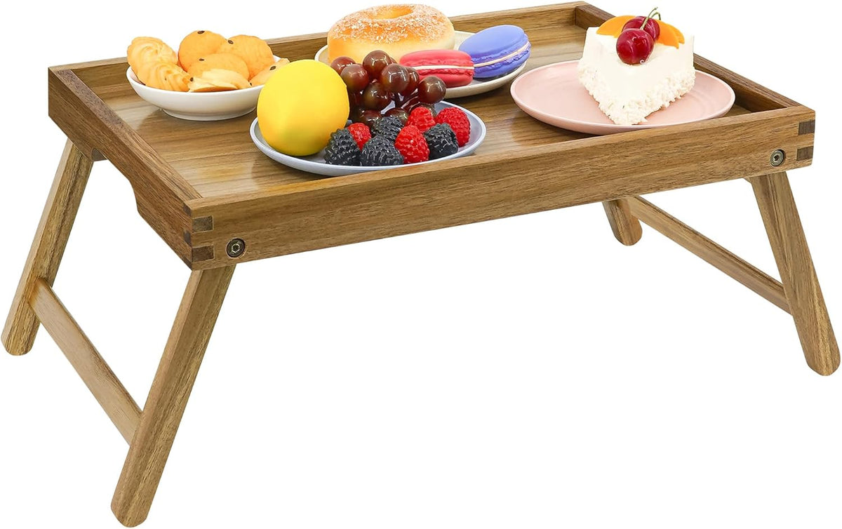 VaeFae Acacia Bed Table Tray, Wooden Breakfast Tray with Folding Legs, Bed Tray for Eating and Laptop, Eating Trays for Bedroom, (2 Pack)