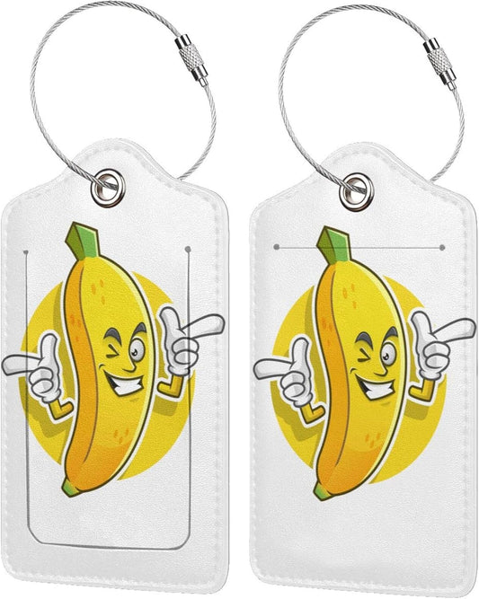 2 Packs Cute Banana Pattern Leather Luggage Tags Novelty Funny Cartoon Suitcase Labels Bag Tag Name ID Labels with Privacy Cover for Teen Kids Adult White Background