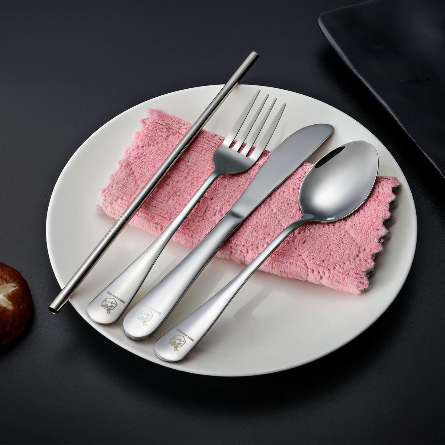 Boulder Bee | Travel Utensils Set | Reusable Camping Cutlery Set | Stainless Steel Flatware Set | Portable Silverware Set with Case | Includes Knife/Fork/Spoon/Straw/Cleaning Cloth/Case (Silver)