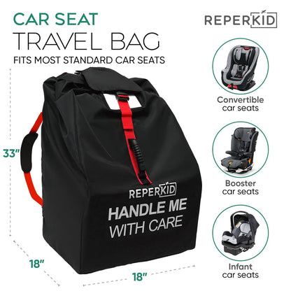 reperkid Car Seat Travel Bag for Airplane, Black and Green, 33" H x 18" W x 18" D, Fits Most Convertible, Booster and Infant Car Seats – Premium Waterproof Cover, Adjustable Shoulder Strap