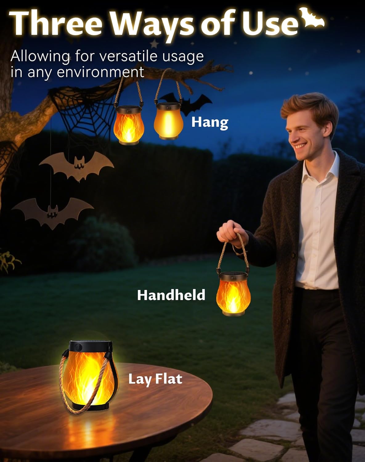 Kaliqo Solar Lantern Outdoor Lights - Official, Waterproof Kaliqo Solar Flame Lights Hangable with Dancing Flame, Hemp Rope Hanging Flame Lanterns,Dual Charging Modes, Smokeless (4 Pack)