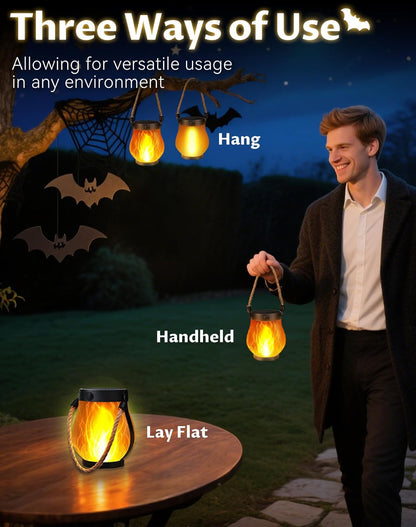 Kaliqo Solar Lantern Outdoor Lights - Official, Waterproof Kaliqo Solar Flame Lights Hangable with Dancing Flame, Hemp Rope Hanging Flame Lanterns,Dual Charging Modes, Smokeless (2pcs)