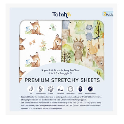 TotAha Premium Stretchy Crib Sheets (2-Pack)-Hypoallergenic, Silky Comfort, Buttery Soft, Calming Effect, All-Season Jersey-Knit Sheets, 9'' Extra Deep Pocket, Forest Bear & Cute Deer
