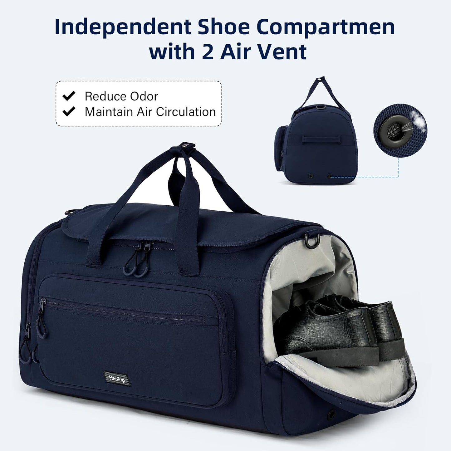 Large Travel Duffle Gym Bag with Shoe Compartment, Underseat Carry On Luggage Overnight Weekender Personal Item Workout Bags for Women Men (Navy Blue)