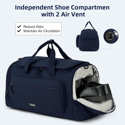 Large Travel Duffle Gym Bag with Shoe Compartment, Underseat Carry On Luggage Overnight Weekender Personal Item Workout Bags for Women Men (Navy Blue)