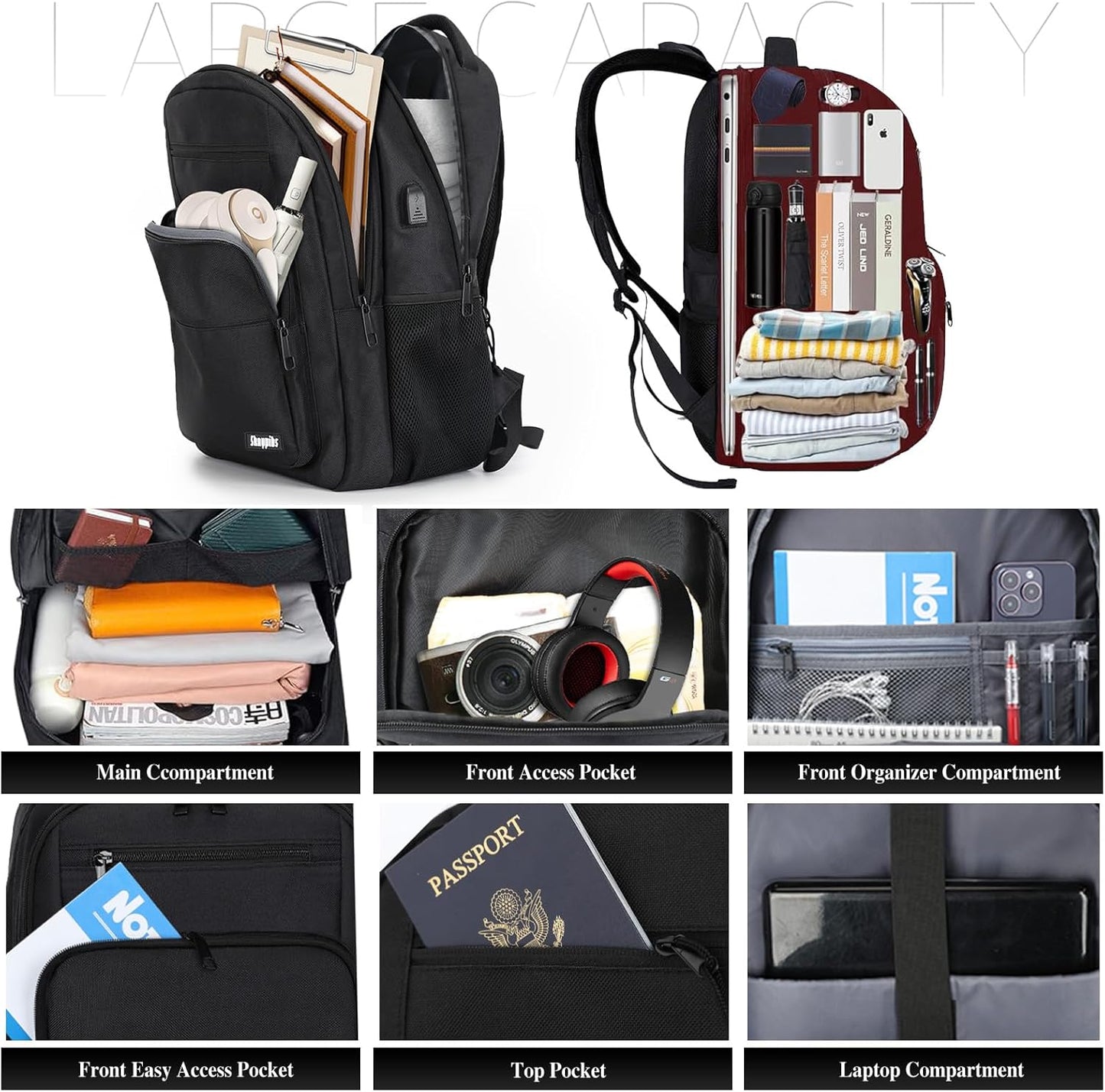 Black Backpack for Men Women, School Backpack for Boys Girls Teens, 15.6 Inch Laptop Backpacks with USB Port, Water Resistent Book bag, Work College Bookbag, back pack, Mochila para hombre