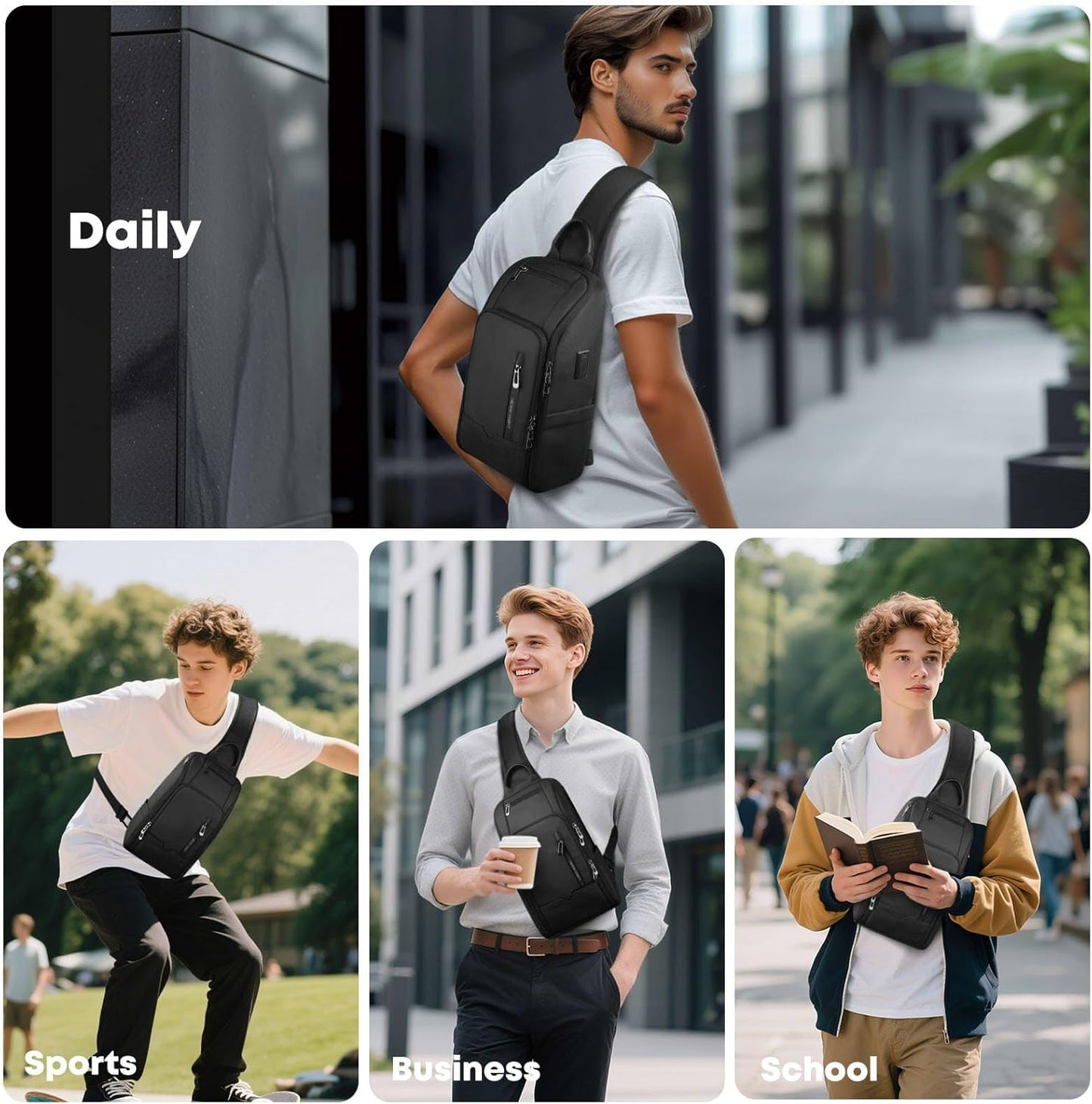 Crossbody Sling Bag for Men, Waterproof Sling Crossbody Backpack with USB Charging Port, Anti Theft Chest Shoulder Hiking Bags Daypack for Commute, Work, Sport, Travel - Black