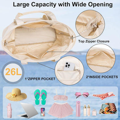 LEDAOU Beach Bags for Women, Beach Bags Waterproof Sandproof, Packable Beach Tote Bag with Zipper Travel Sports