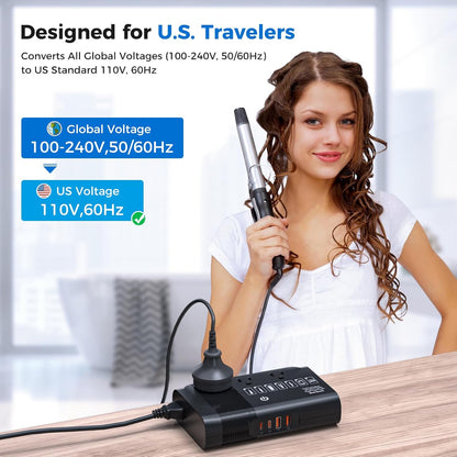 500W Pure Sine Wave Voltage Converter US to Europe, 220V to 110V Converter for European Travel, Power Converter Adapter Combo PD for CPAP Hair Straightener Cruler Shaver Toothbrush Laptop Camera Phone