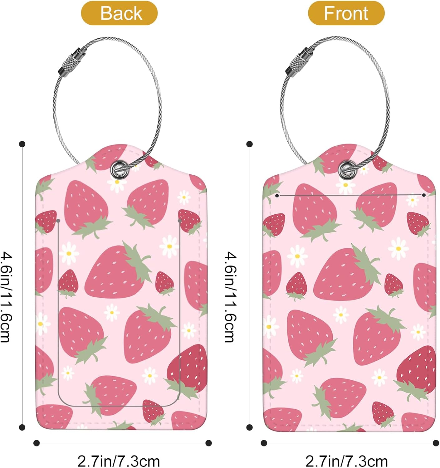 2Pack Luggage Tags for Suitcases, Cute Unique Pu Leather Cruise Luggage Tag with Privacy Cover ID Label Address Card and Metal Ring Suitable for Women Men Kids Travel Bag Pink Strawberry