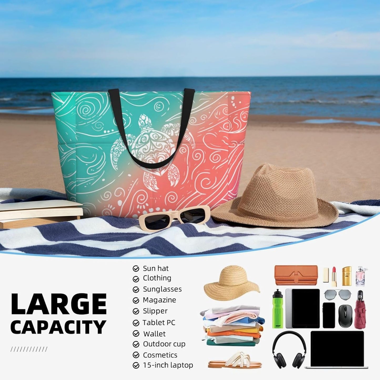 Beach Bag for Women Beach Tote Bag Waterproof Sandproof Large Bags with Zipper Big Capacity for Vacation Travel