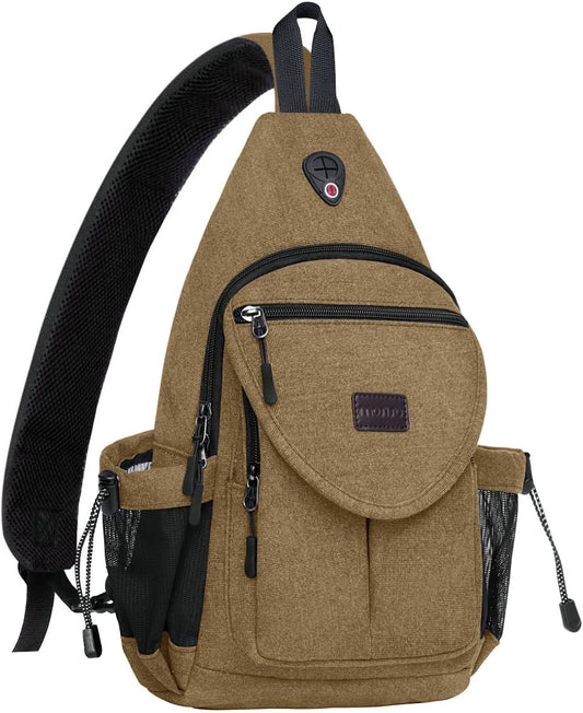 MOSISO Sling Backpack,Canvas Crossbody Hiking Daypack Bag with Anti-theft Pocket, Brown