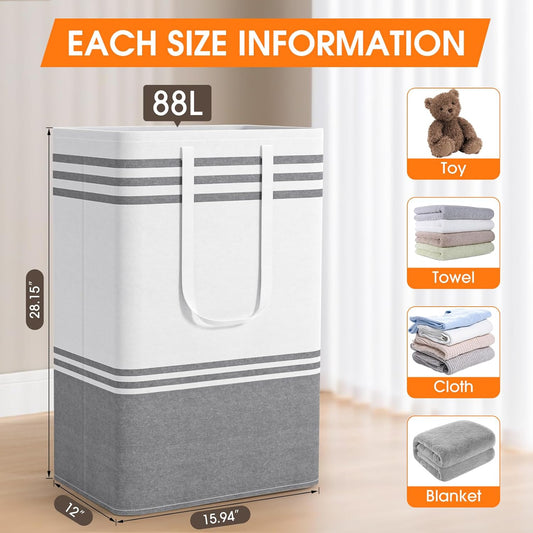 2 Pack Large Home Laundry Basket, Laundry Hamper, Freestanding Waterproof Dirty Clothes Bag, Tall Clothes Hamper - Extended & Reinforced Handles for College Dorm, Family (Light Grey/88L)