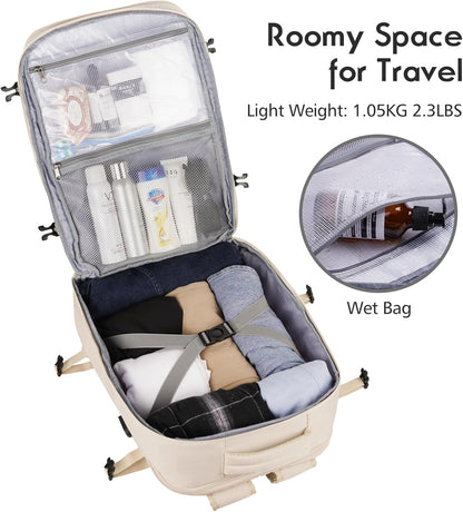 MOMUVO Large Travel Backpack Women, Flight Approved Carry On Backpack, Water Resistant Anti-Theft Large Casual Daypack Fit 17 Inch Laptop with USB Charging Port, Beige